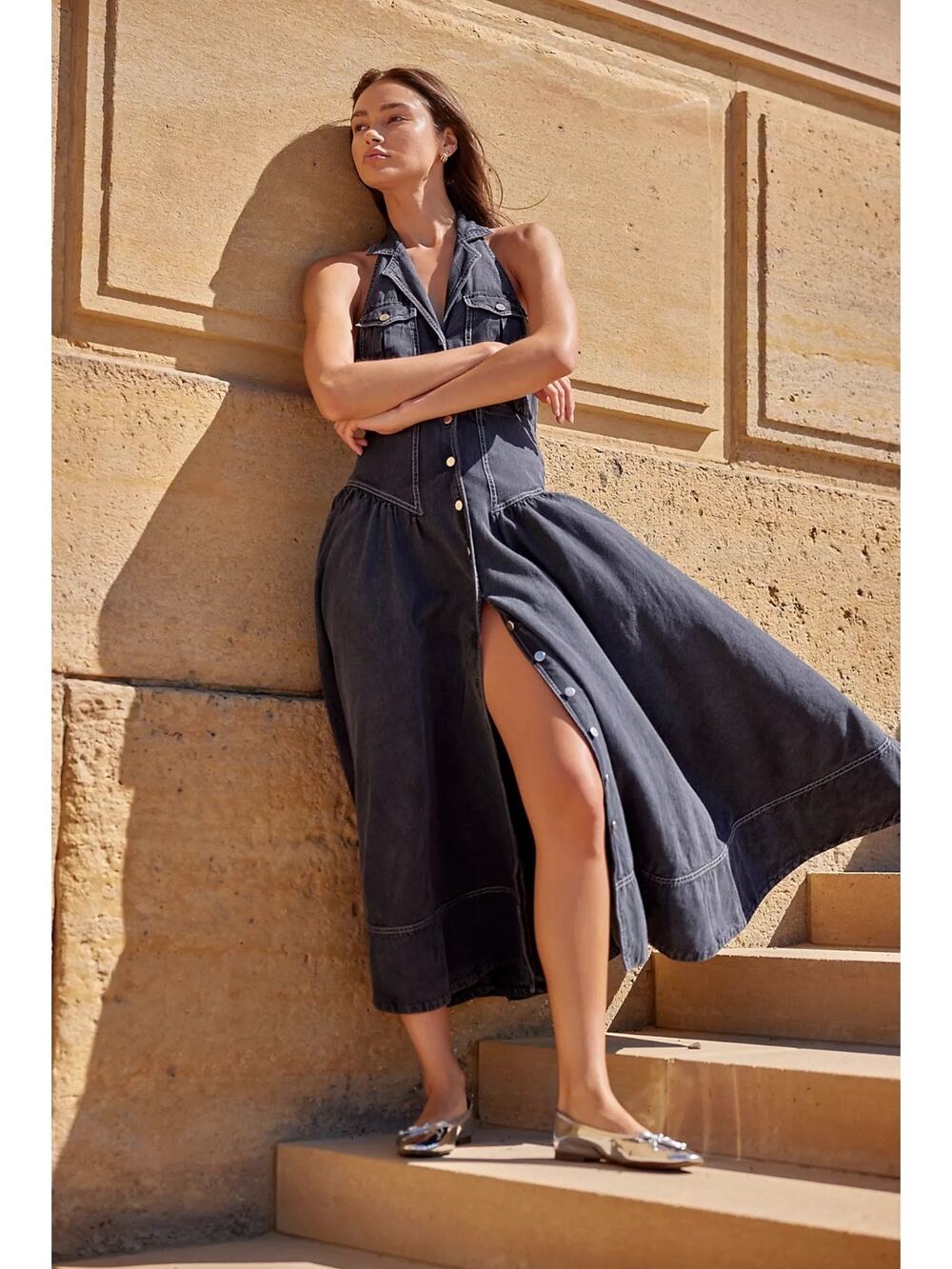 Free People Soundwave Denim Halter Maxi Dress in Black Bohemian Size Medium